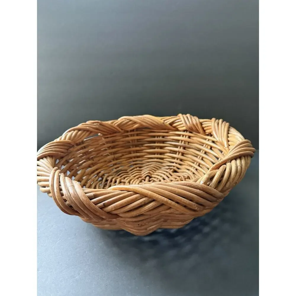 Handwoven Read Wicker Woven Round Basket Rattan Bowl Twisted Braided Cottagecore